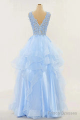 A-Line Long Layers Lace Prom Dresses Light Blue Beaded Appliques
