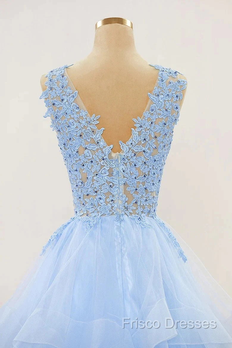A-Line Long Layers Lace Formal Prom Dress Light Blue Beaded Appliques