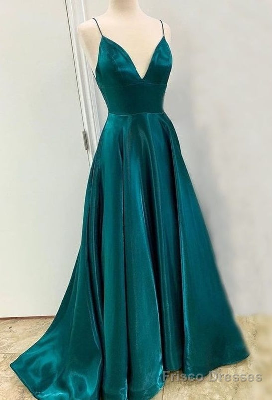 A Line Long Satin Emerald Green Prom Dresses  With Split