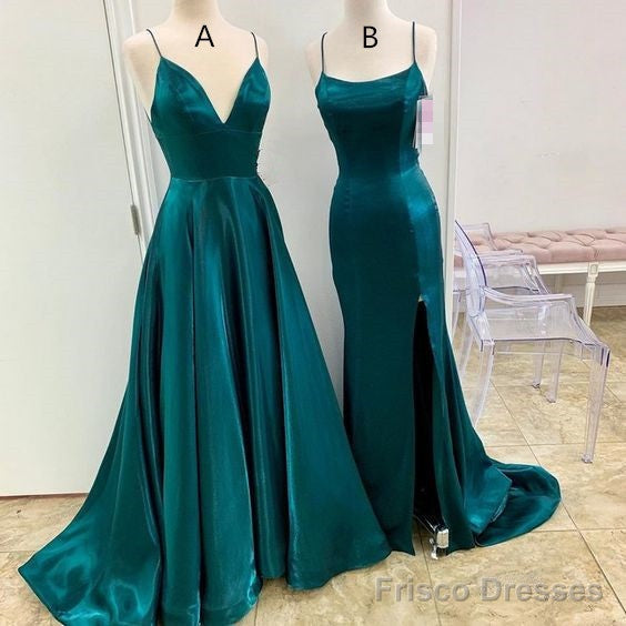 A Line Long Satin Emerald Green Prom Dresses  With Split Main image