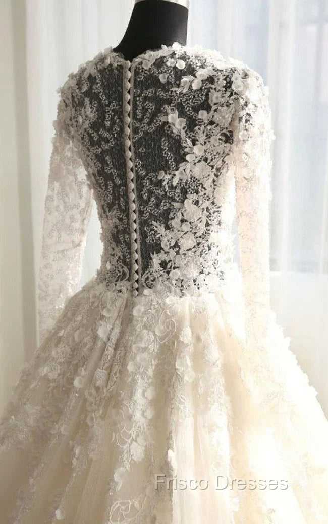A-Line Long Sleeve Bell Beading Appliques Flower Zipper Keyhole Tulle Lace Dress Secondary image