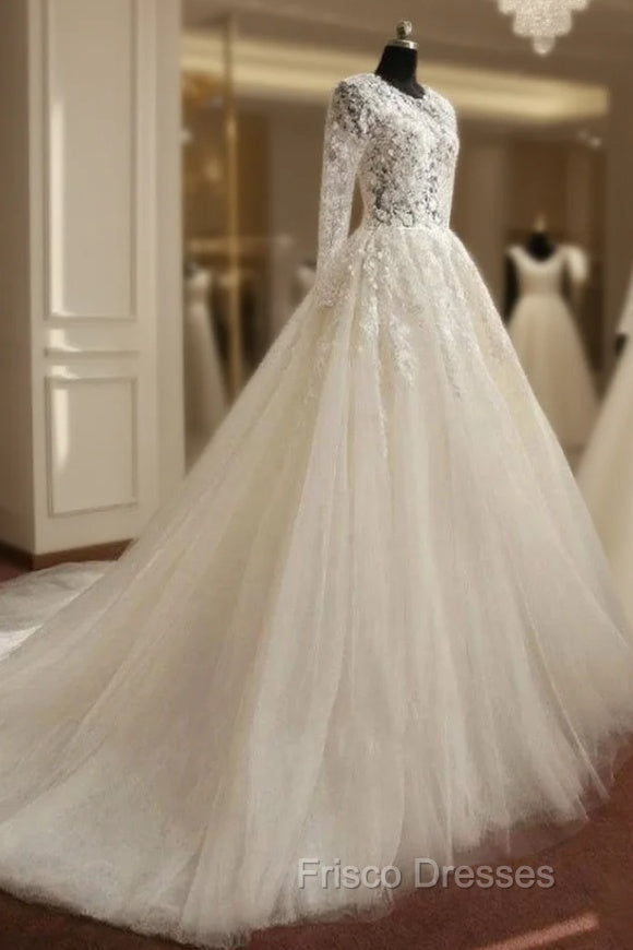 A-Line Long Sleeve Bell Beading Appliques Flower Zipper Keyhole Tulle Lace Dress