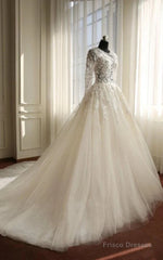 A-Line Long Sleeve Bell Beading Appliques Flower Zipper Keyhole Tulle Lace Dress