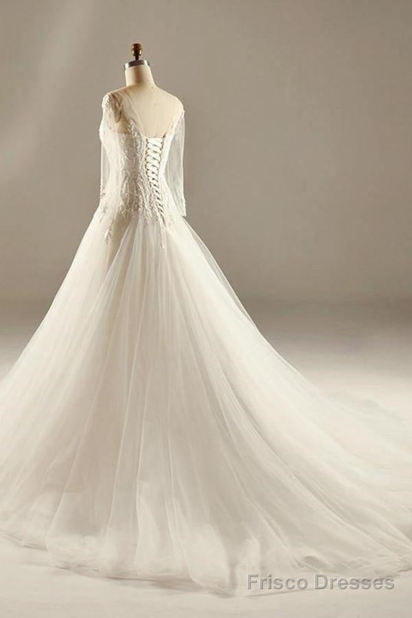 A-Line Long Sleeve Waist Lace Beaded Wedding Dress Court Train Secondary image