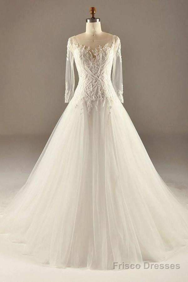 A-Line Long Sleeve Waist Lace Beaded Wedding Dress Court Train