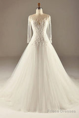 A-Line Long Sleeve Waist Lace Beaded Wedding Dress Court Train