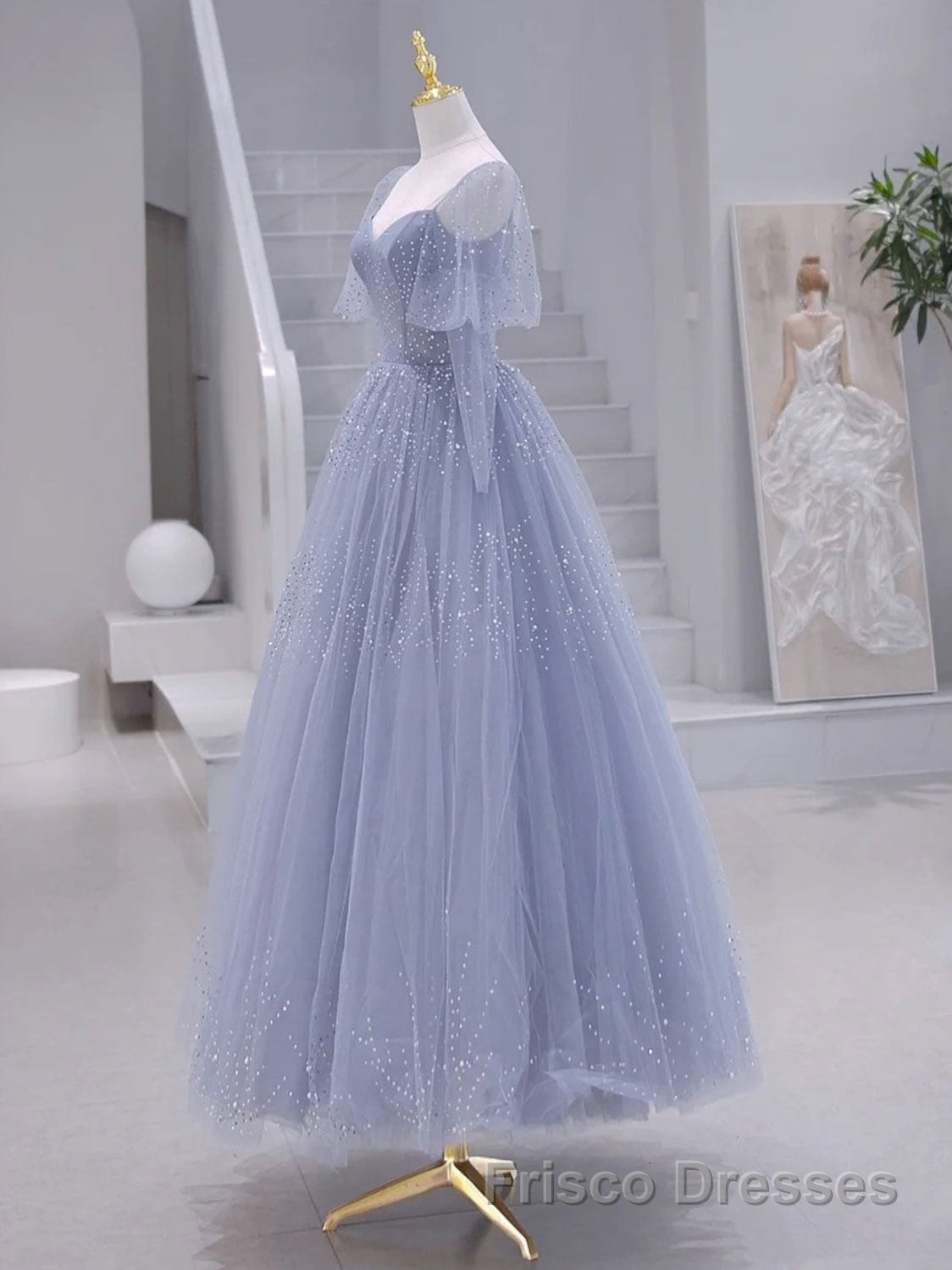 A-Line Long sleeves Beading Gray Blue Long Formal Prom Dresses, Gray Blue Formal Dresses Secondary image