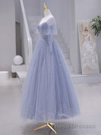 A-Line Long sleeves Beading Gray Blue Long Formal Prom Dresses, Gray Blue Formal Dresses