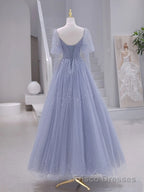 A-Line Long sleeves Beading Gray Blue Long Formal Prom Dresses, Gray Blue Formal Dresses