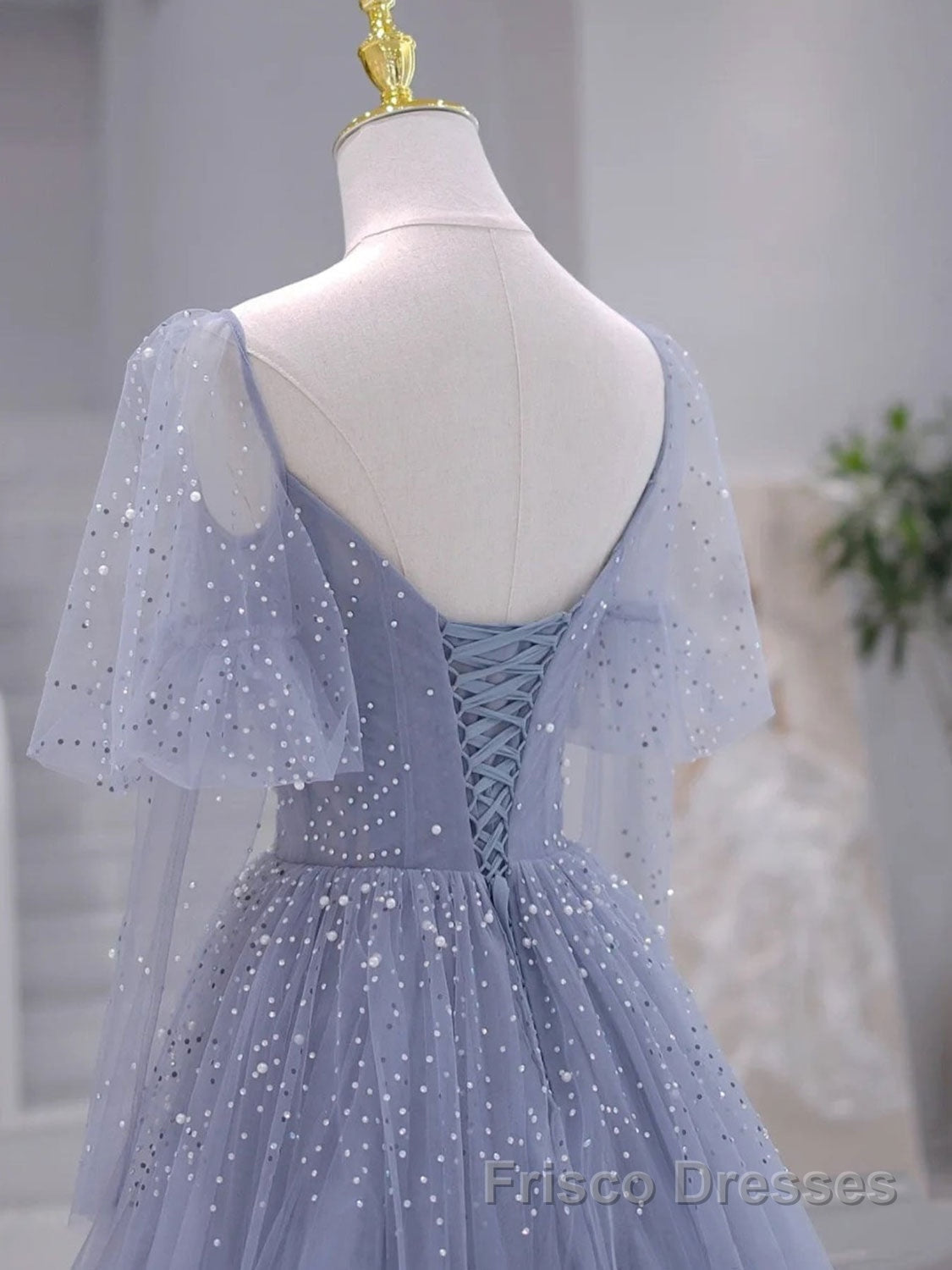 A-Line Long sleeves Beading Gray Blue Long Formal Prom Dresses, Gray Blue Formal Dresses