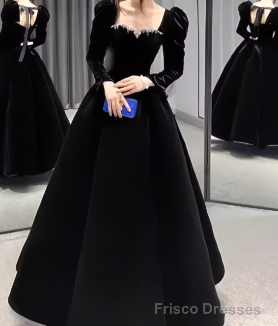 A Line Long Sleeves Black Velvet Prom Dresses Secondary image