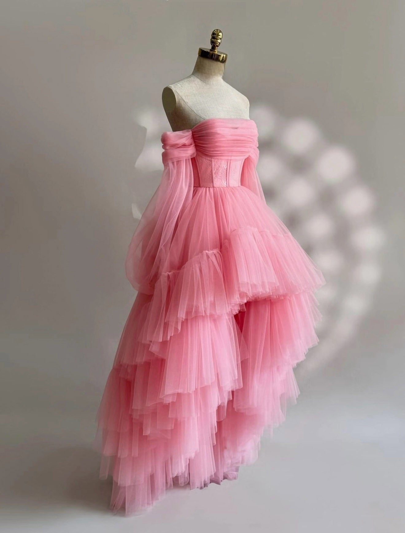 A-Line Long Sleeves High Low Tulle Lace Pink Prom Dress Secondary image
