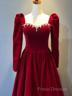 A Line Long Sleeves Red Velvet Formal Prom Dress