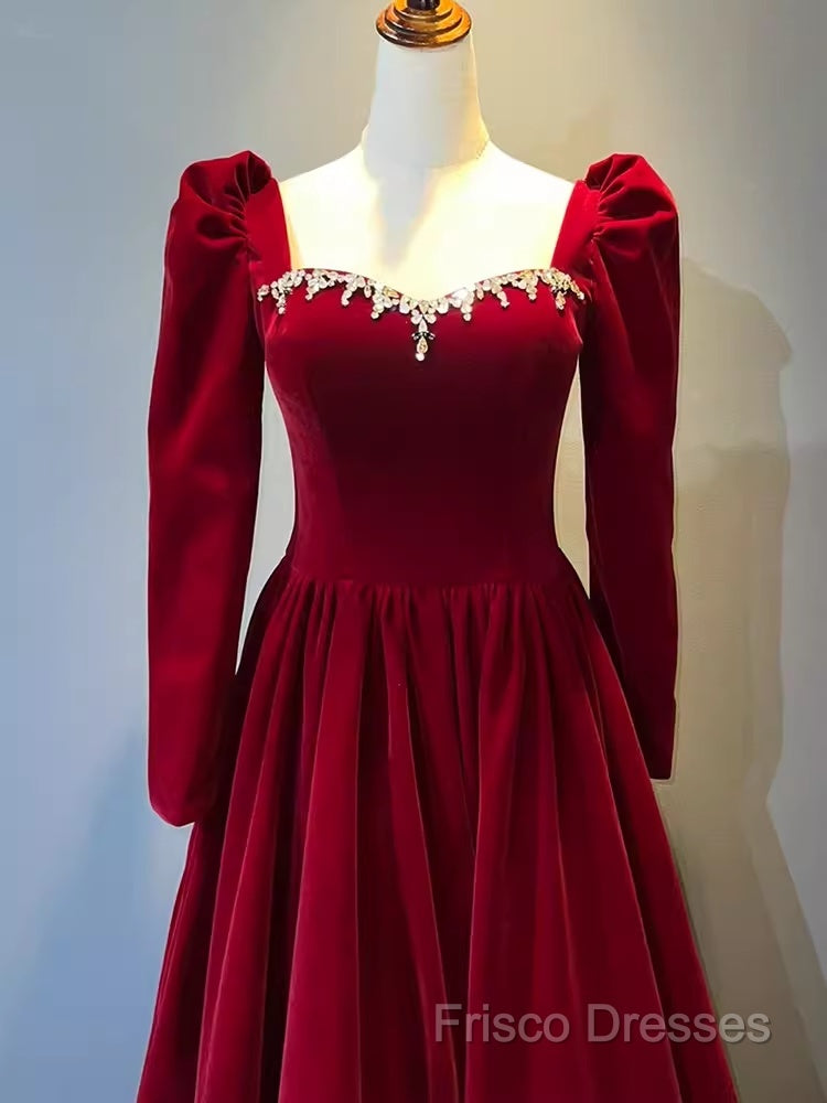 A Line Long Sleeves Red Velvet Formal Prom Dress