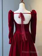 A Line Long Sleeves Red Velvet Formal Prom Dress