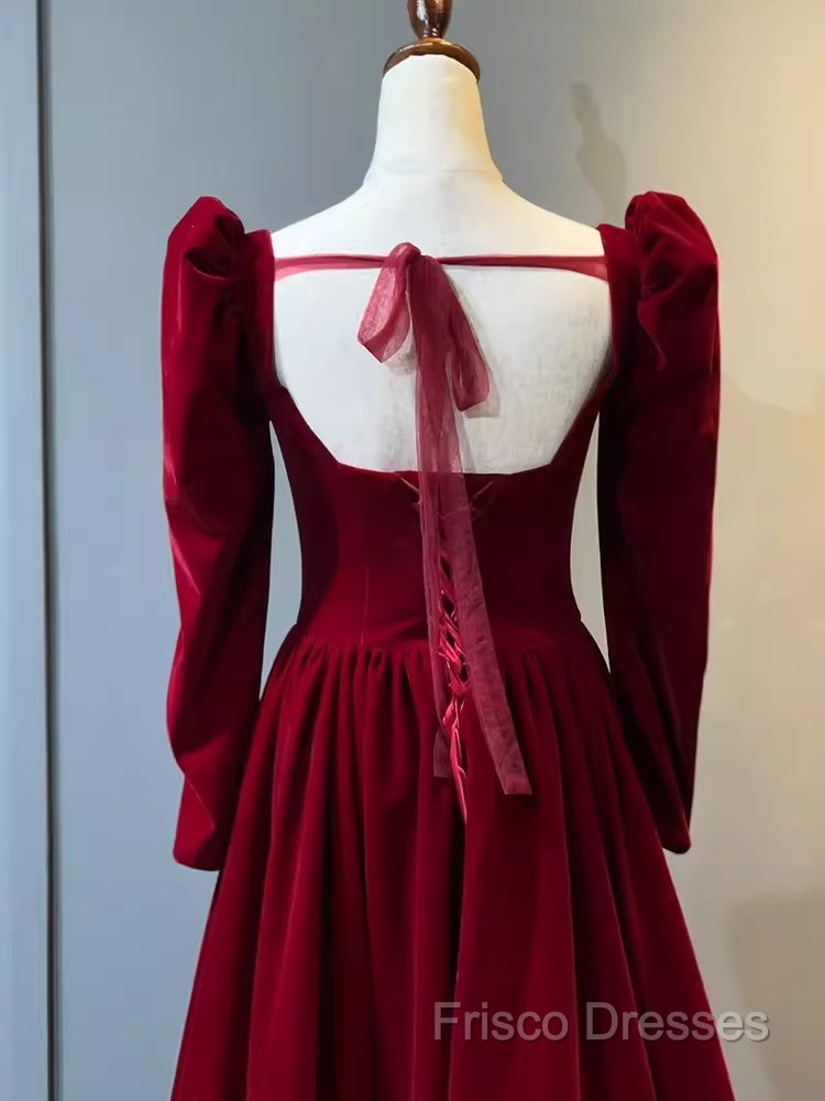 A Line Long Sleeves Red Velvet Formal Prom Dress