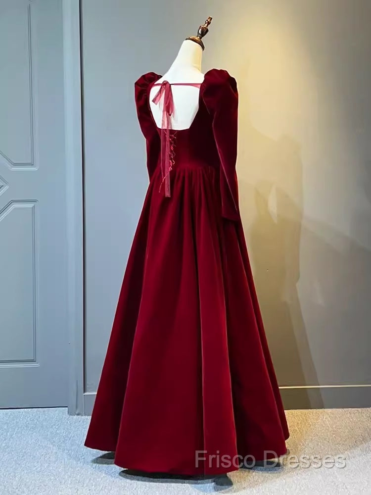 A Line Long Sleeves Red Velvet Formal Prom Dress