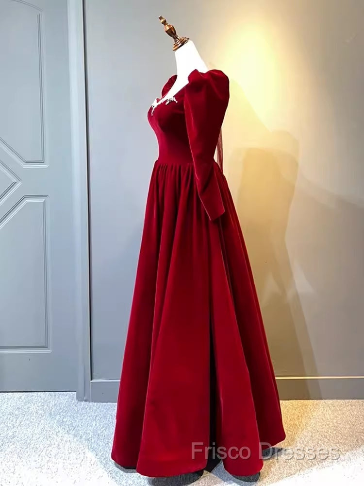 A Line Long Sleeves Red Velvet Formal Prom Dress