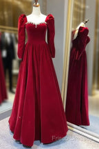 A Line Long Sleeves Red Velvet Formal Prom Dress