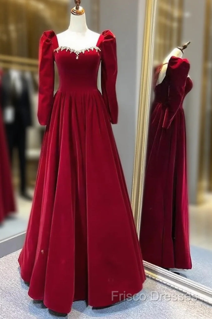 A Line Long Sleeves Red Velvet Formal Prom Dress