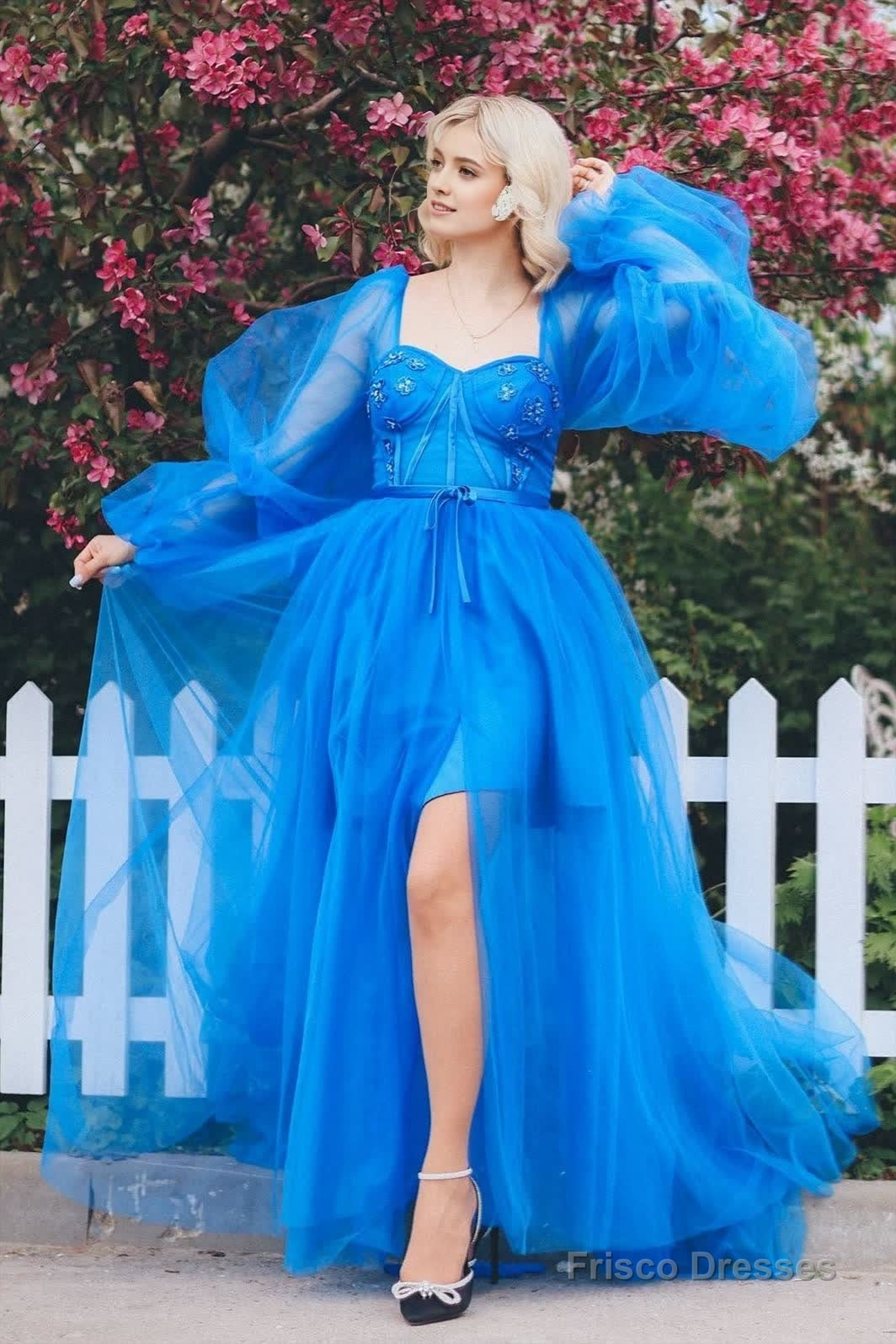 A line Long Sleeves Satin Tulle Prom Dress with Slit Main image