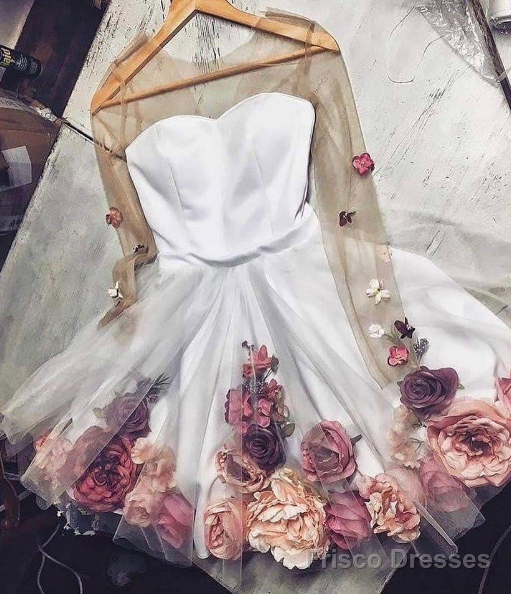 A Line Long Sleeves Short White Floral Prom Dresses, Short White Floral Graduation Homecoming Dresses Secondary image