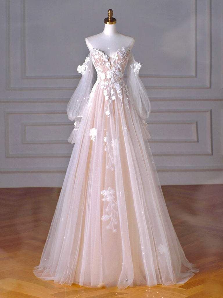 A-Line Long Sleeves Tulle Lace Champagne Long Prom Dress, Champagne Long Formal Dress Main image