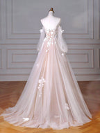 A-Line Long Sleeves Tulle Lace Champagne Long Prom Dress, Champagne Long Formal Dress