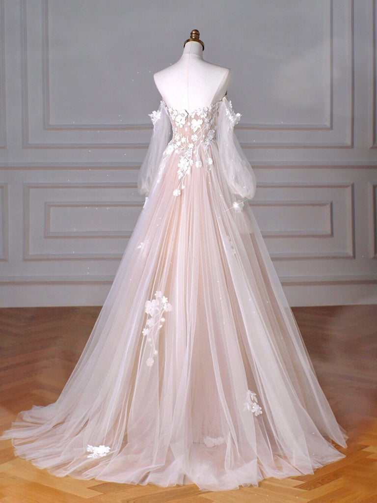 A-Line Long Sleeves Tulle Lace Champagne Long Prom Dress, Champagne Long Formal Dress