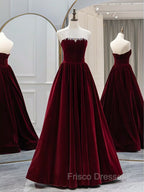A-Line Long Sleeves Velvet Burgundy Long Formal Prom Dress, Burgundy Long Evening Dress with Beads