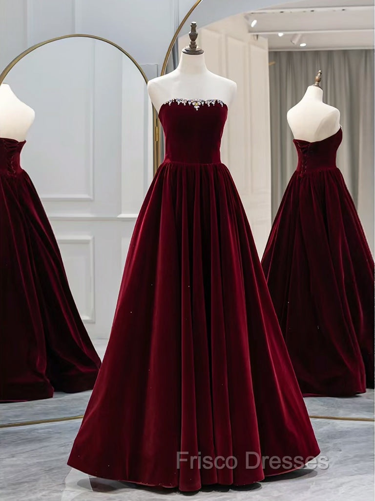 A-Line Long Sleeves Velvet Burgundy Long Formal Prom Dress, Burgundy Long Evening Dress with Beads