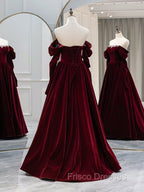 A-Line Long Sleeves Velvet Burgundy Long Formal Prom Dress, Burgundy Long Evening Dress with Beads