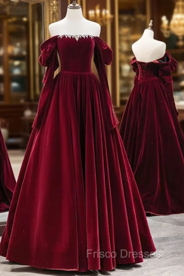 A-Line Long Sleeves Velvet Burgundy Long Formal Prom Dress, Burgundy Long Evening Dress with Beads Main image
