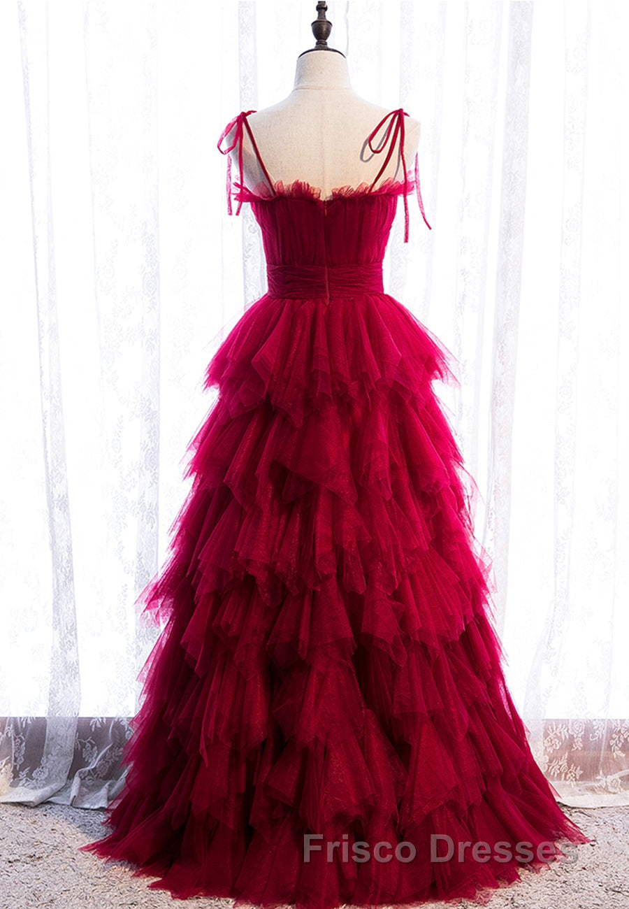 A-Line Long Spaghetti Strap Red Formal Prom Dress,Black Layers Tulle Evening Dress