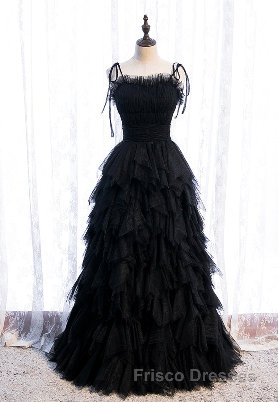 A-Line Long Spaghetti Strap Red Formal Prom Dress,Black Layers Tulle Evening Dress