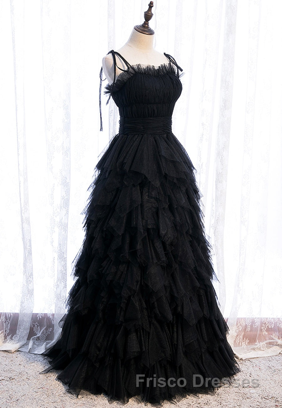 A-Line Long Spaghetti Strap Red Formal Prom Dress,Black Layers Tulle Evening Dress