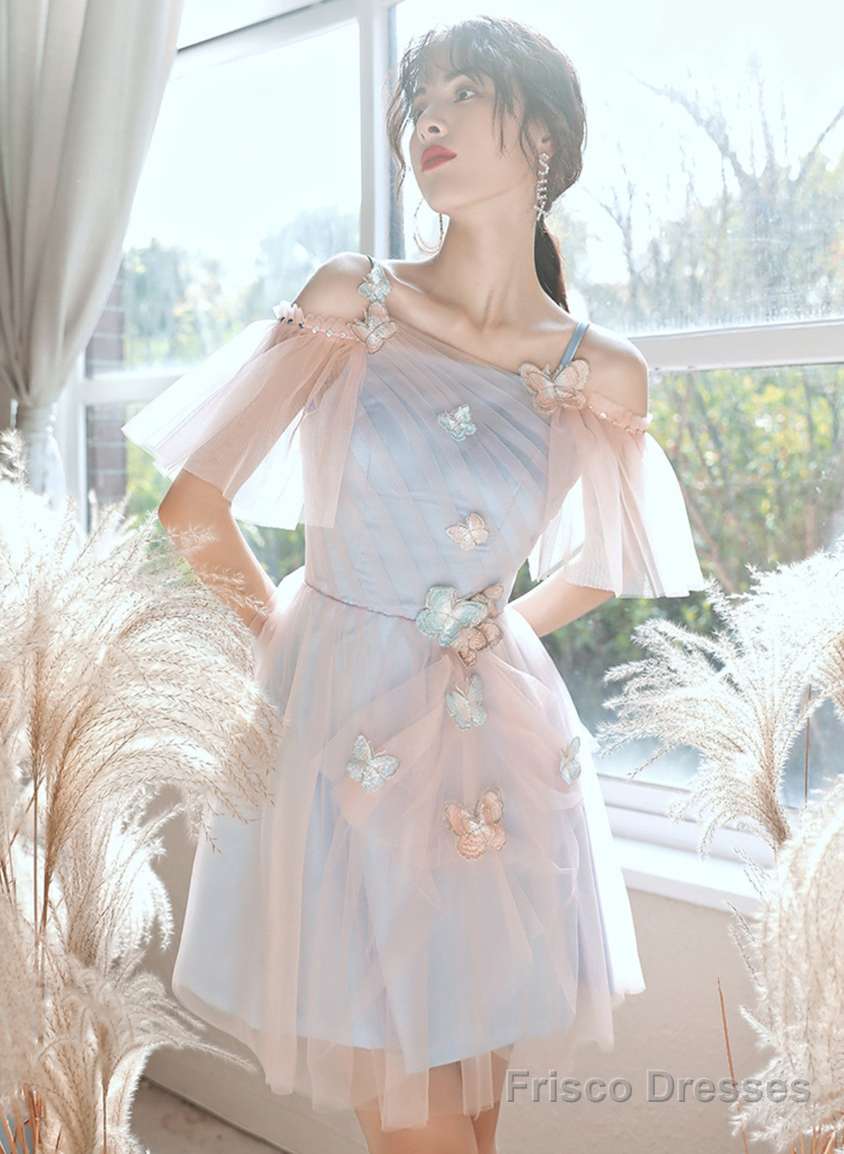 A-Line Lovely Pink And Blue Short Tulle Party Dress, Short Homecoming Dress Prom Dress Secondary image