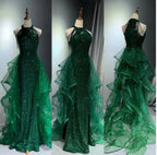 Elegant A-Line Halter Sparkly Sequins Long Prom Dresses  Navy Blue Evening Dresses