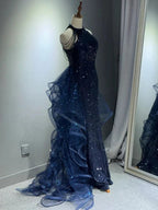 Elegant A-Line Halter Sparkly Sequins Long Prom Dresses  Navy Blue Evening Dresses