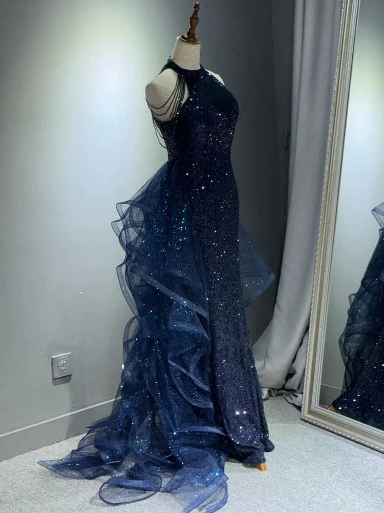 Elegant A-Line Halter Sparkly Sequins Long Prom Dresses  Navy Blue Evening Dresses