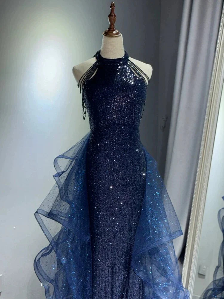 Elegant A-Line Halter Sparkly Sequins Long Prom Dresses  Navy Blue Evening Dresses