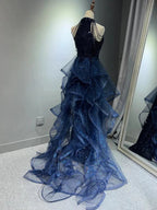 Elegant A-Line Halter Sparkly Sequins Long Prom Dresses  Navy Blue Evening Dresses