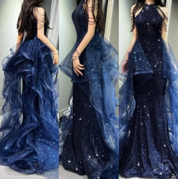 Elegant A-Line Halter Sparkly Sequins Long Prom Dresses  Navy Blue Evening Dresses
