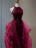 Elegant A-Line Halter Sparkly Sequins Long Prom Dresses  Navy Blue Evening Dresses
