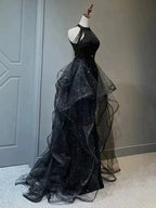 Elegant A-Line Halter Sparkly Sequins Long Prom Dresses  Navy Blue Evening Dresses