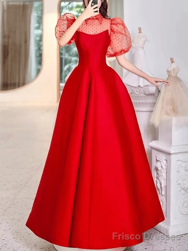 A-Line Minimalist Princess Wedding Guest Prom Dress Shirt Collar Short Sleeve Floor Length Satin With Solid Splicing Main image