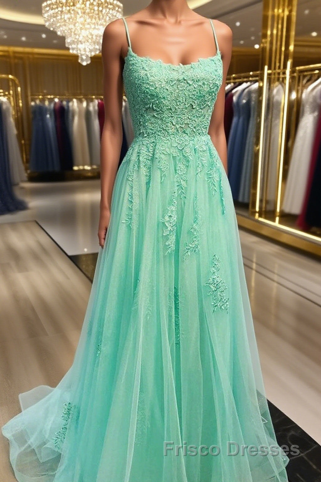 A Line Mint Green Lace Long Formal Prom Dresses, Mint Green Lace Formal Graduation Evening Dresses Main image