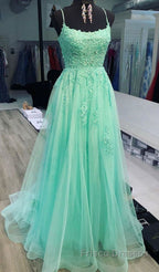 A Line Mint Green Lace Long Formal Prom Dresses, Mint Green Lace Formal Graduation Evening Dresses