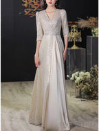 A-Line Mother Of The Bride Dress Wedding Guest Elegant Sparkle & Shine Petite V Neck Sweep / Brush Train Sequined Half Sleeve With Pleats Crystal Brooch