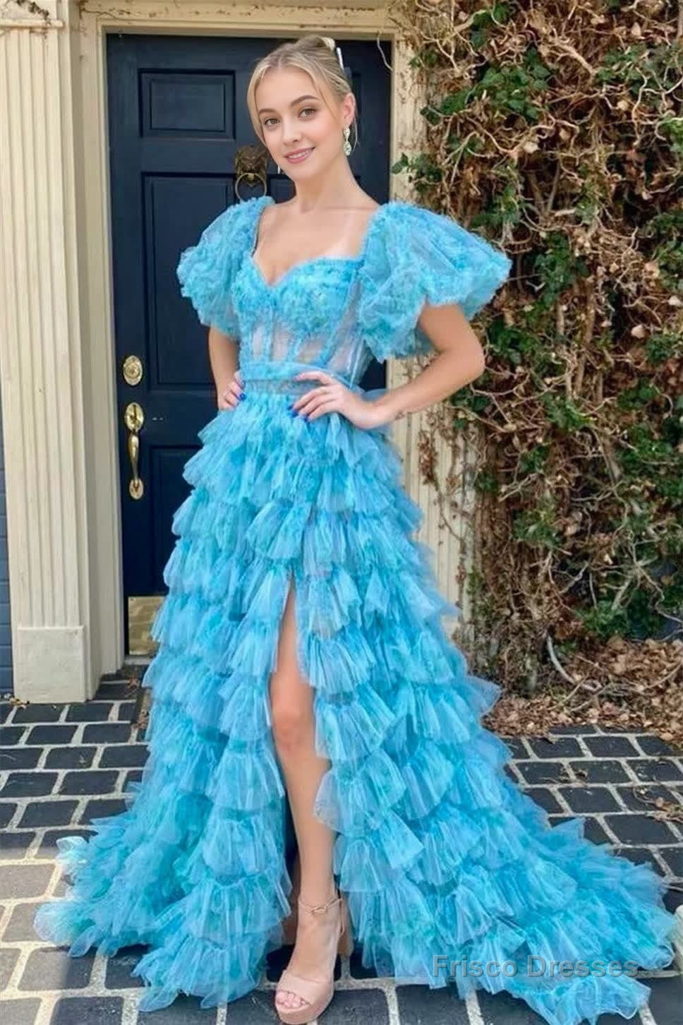 A-line Multi Tiered Printed Tulle Prom Dress with Slit Main image